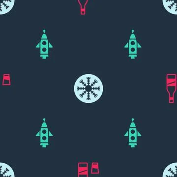 Set Bottle of vodka with glass, Snowflake and Rocket ship on seamless pattern Stock Illustration