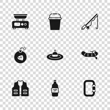 Set Bottle of vodka, Inflatable boat with motor, Carabiner, Fishing float w.. Stock Illustration