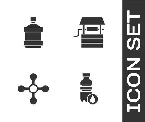 Set Bottle of water, Big bottle with clean, Water tap and Well bucket icon Illustration