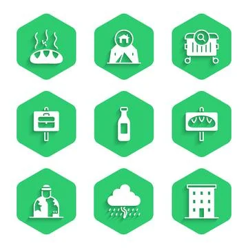 Set Bottle of water, Cloud with rain, Multi storey building, Donation food Ilustración de archivo