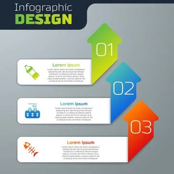 Set Bottle of water, Deforestation and Dead fish. Business infographic temp.. Stock Illustration