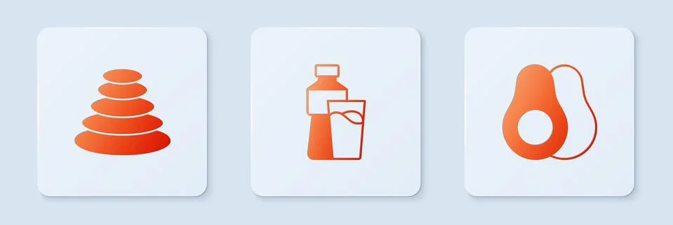 Set Bottle of water with glass, Stack hot stones and Avocado fruit. White square Stock Illustration