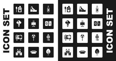 Set Bottle of water, Magic ball on table, Ice cream in waffle cone, bowl, Tarot Stock Illustration