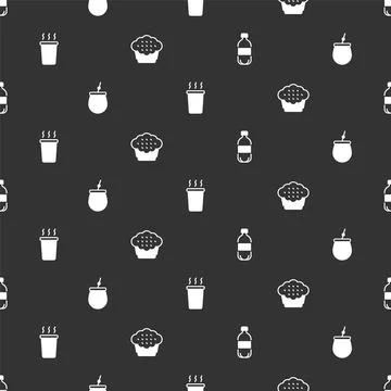 Set Bottle of water, Mate tea, Cup and Muffin on seamless pattern. Vector Stock Illustration