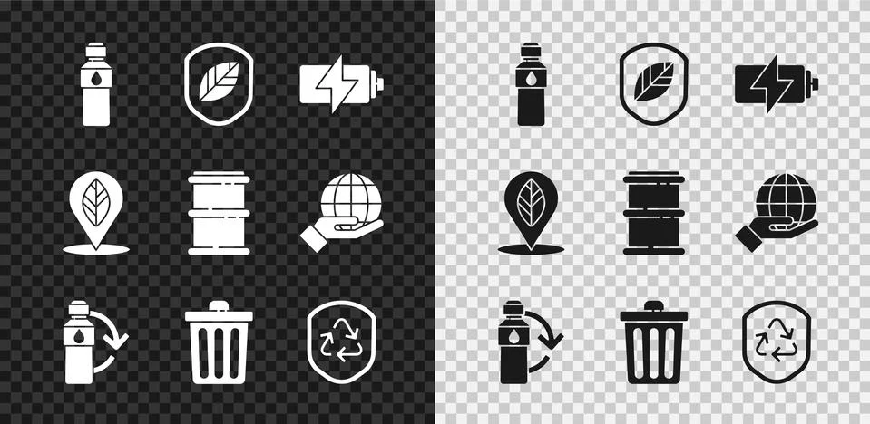 Set Bottle of water, Shield with leaf, Battery, Recycling plastic bottle, Trash Stock Illustration