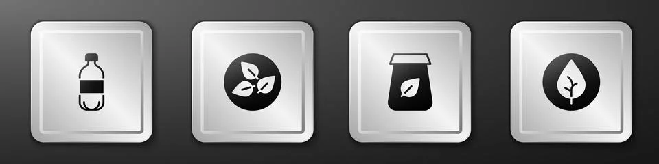 Set Bottle of water, Tea leaf, packaging and icon. Silver square button. Vector Illustrazione stock