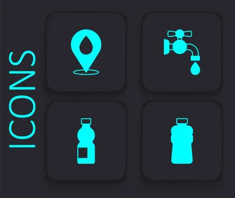 Set Bottle of water, Water drop with location, tap and icon. Black square button Illustration