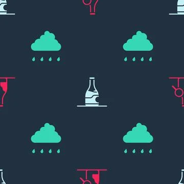 Set Bottle of wine, and Cloud with rain on seamless pattern. Vector Illustrazione stock