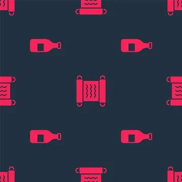 Set Bottle of wine and Papyrus scroll on seamless pattern. Vector Illustrazione stock
