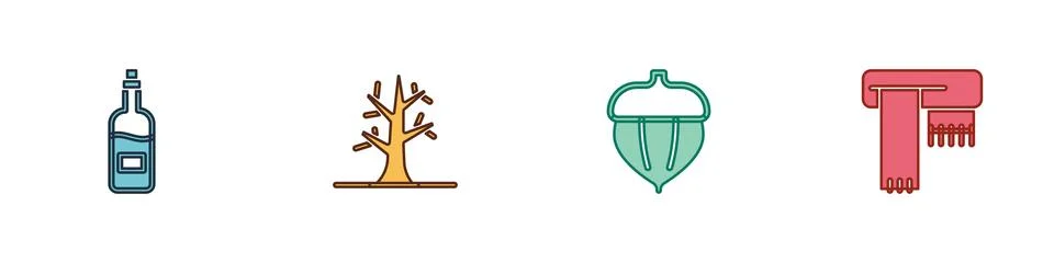 Set Bottle of wine, Bare tree, Acorn and Winter scarf icon. Vector Stock Illustration