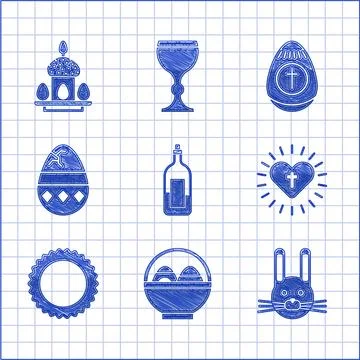 Set Bottle of wine, Basket with easter eggs, Easter rabbit, Christian cross.. Stock Illustration