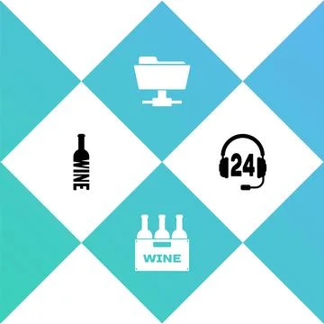 Set Bottle of wine, Bottles box, FTP folder and Headphone for support icon イラスト素材