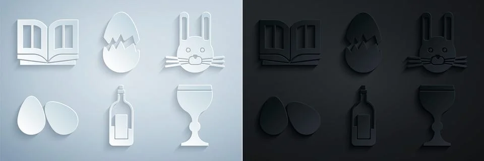 Set Bottle of wine, Easter rabbit, eggs, Wine glass, Broken and Holy bible book Stock Illustration