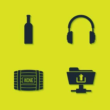Set Bottle of wine, FTP folder upload, Wooden barrel for and Headphones icon Illustrazione stock