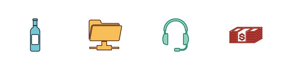 Set Bottle of wine, FTP folder, Headphones with microphone and Paper money Stock Illustration