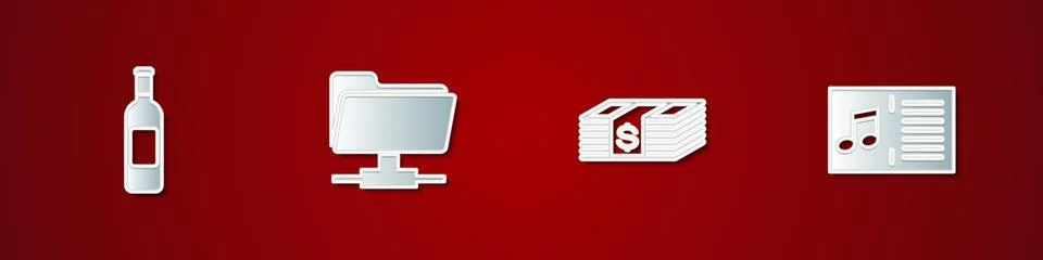 Set Bottle of wine, FTP folder, Paper money dollars cash and Music book with Stock Illustration