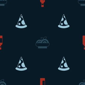 Set Bottle of wine, Pasta spaghetti and Slice pizza on seamless pattern. Vector Stock Illustration