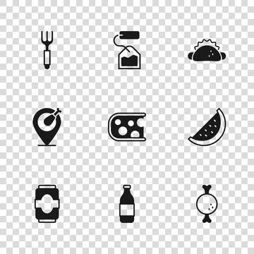 Set Bottle of wine, Watermelon, Chicken leg, Cheese, Taco with tortilla, Fo.. Stock Illustration