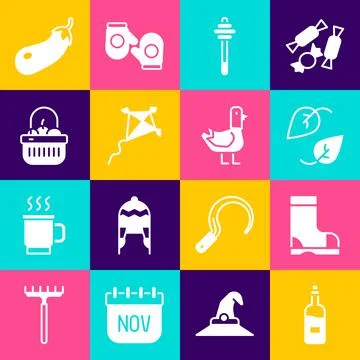 Set Bottle of wine, Waterproof rubber boot, Leaf, Honey dipper stick, Kite Stock-Illustration