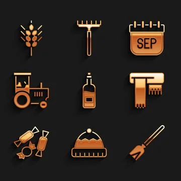Set Bottle of wine, Winter hat, Handle broom, scarf, Candy, Tractor, Septem.. Illustration