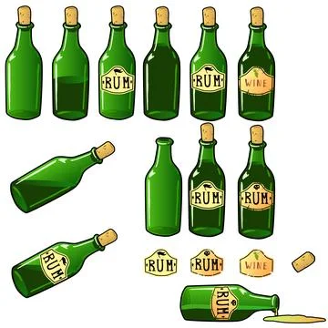 Set of bottles are green empty with wine and rum. bottles are open and corked Stock Illustration