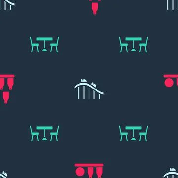 Set Bottles ball, Roller coaster and Picnic table with chairs on seamless Ilustración de archivo