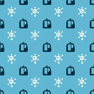 Set Bottles for cleaning agent and Virus on seamless pattern. Vector Stock Illustration