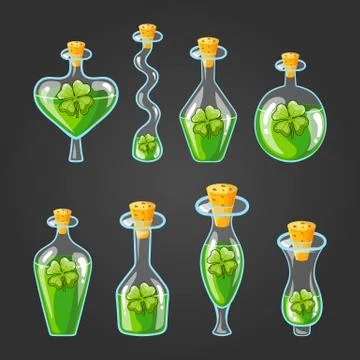 Set with bottles of clover potion Illustrazione stock
