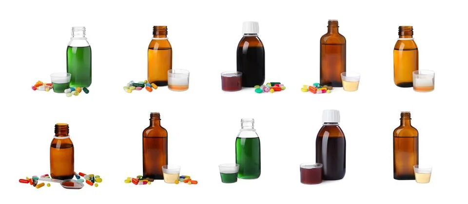 Set with bottles of cough syrup and pills on white background. Banner design Stock Photos