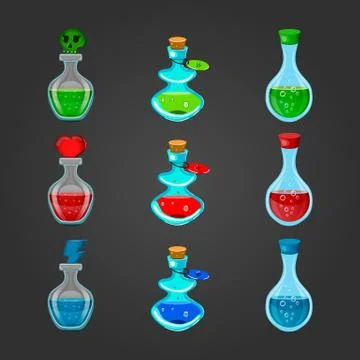 Set bottles with different potions Illustrazione stock