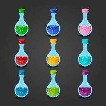 Set bottles with different potions Stock Illustration