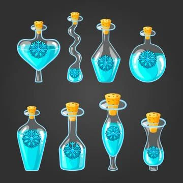 Set with bottles of frozen potion, magic elixir Stock Illustration
