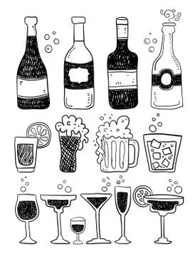 Set of Bottles Hand Drawn. Hand draw vector Stock Illustration
