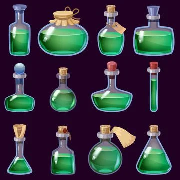 Set of Bottles liquid potion magic elixir colorful . Game icon GUI for app games Stock Illustration
