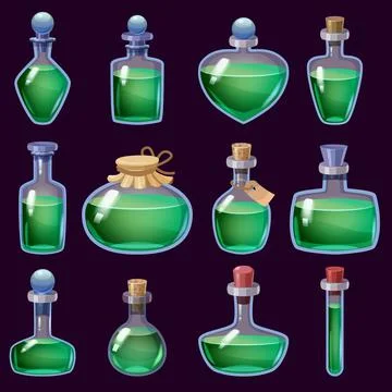 Set of Bottles liquid potion magic elixir colorful . Game icon GUI for app games Stock Illustration