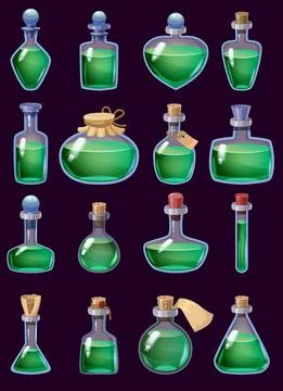 Set of Bottles liquid potion magic elixir colorful . Game icon GUI for app games Stock Illustration