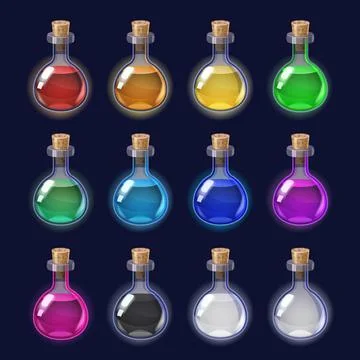 Set Bottles liquid potion magic elixir colorful . Game icon GUI for app games Stock Illustration