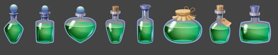 Set of Bottles magic liquid potion fantasy elixir. Game icon GUI for app games Stock Illustration
