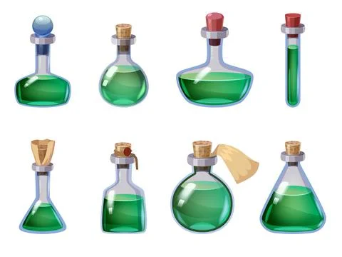 Set of Bottles magic liquid potion fantasy elixir. Game icon GUI for app games Stock Illustration