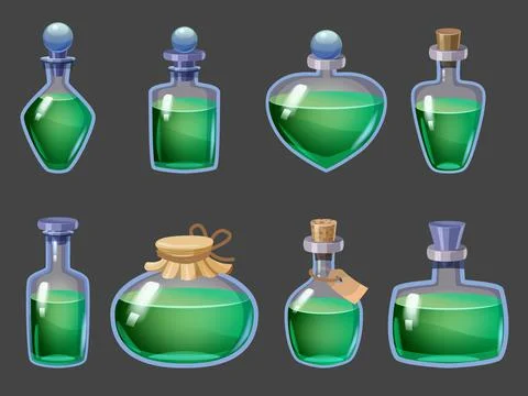 Set of Bottles magic liquid potion fantasy elixir. Game icon GUI for app games Stock Illustration