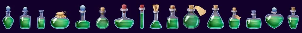 Set of Bottles magic liquid potion fantasy elixir. Game icon GUI for app games Stock Illustration