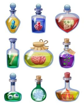 Set of bottles magic potion. Game icons liquid elixir colorful with scull Stock Illustration