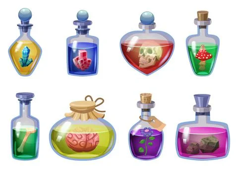 Set of bottles magic potion. Game icons liquid elixir colorful with scull, brain Stock Illustration