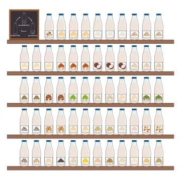 Set of bottles with plant-based milk on shelf Stock Illustration