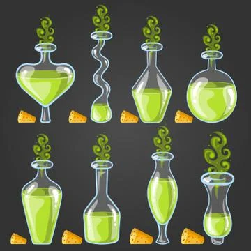 Set bottles of potion with magic smoke Stock Illustration