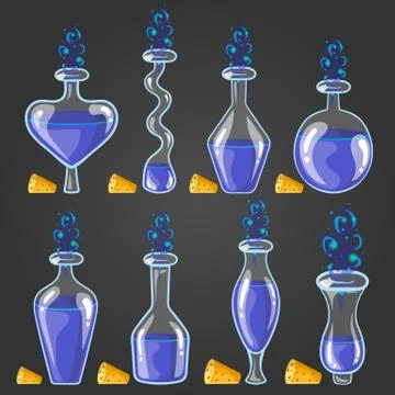 Set bottles of potion with magic smoke Illustrazione stock