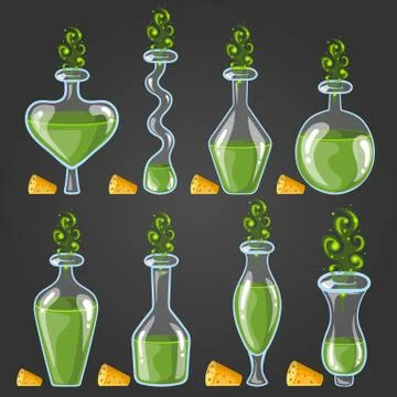 Set bottles of potion with magic smoke Stock Illustration