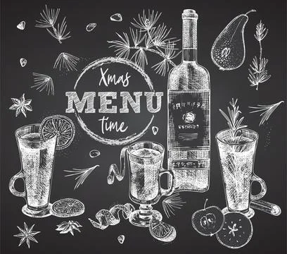 Set bottles red or white wine and christmas spices on black chalk board backg Stock Illustration