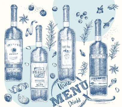 Set bottles red or white wine and christmas spices Vintage hand drawn sketch  Illustrazione stock