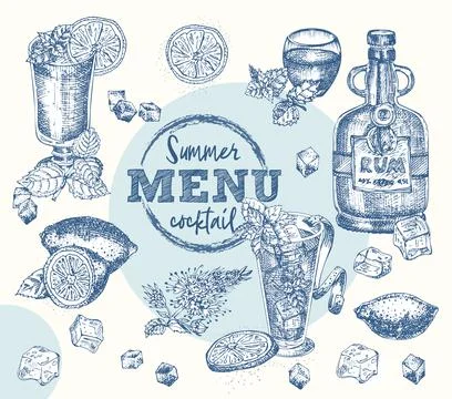 Set bottles Rum, glasses, bourbon, mint, lime, lemon, ice Vintage hand drawn  Stock Illustration